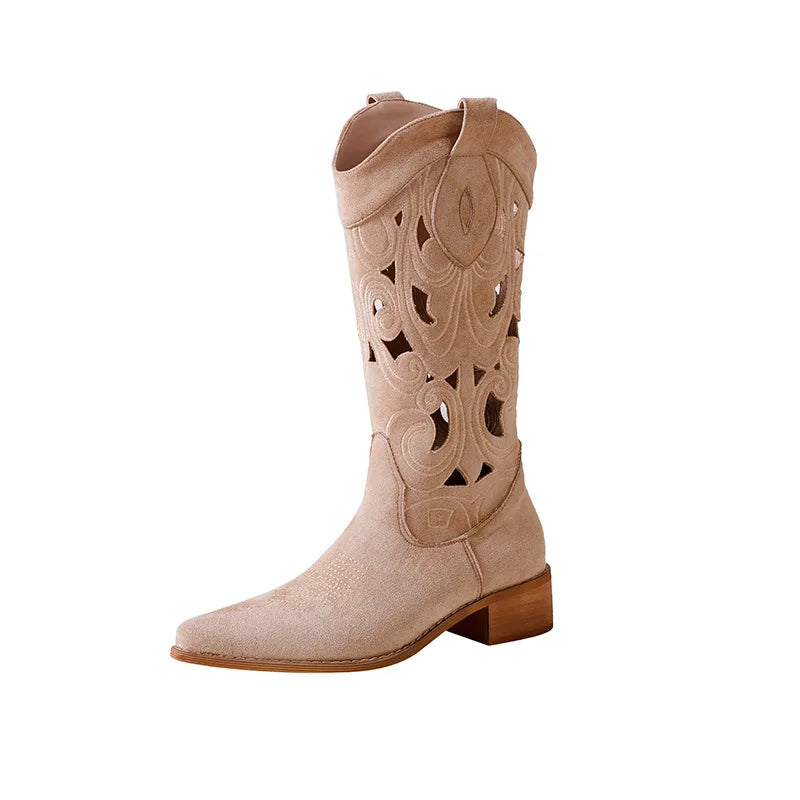 Bottes de chevalier brodées à talons épais pour femmes, chaussures décontractées ajourées et tendance, bottes polyvalentes en denim à semelle intermédiaire