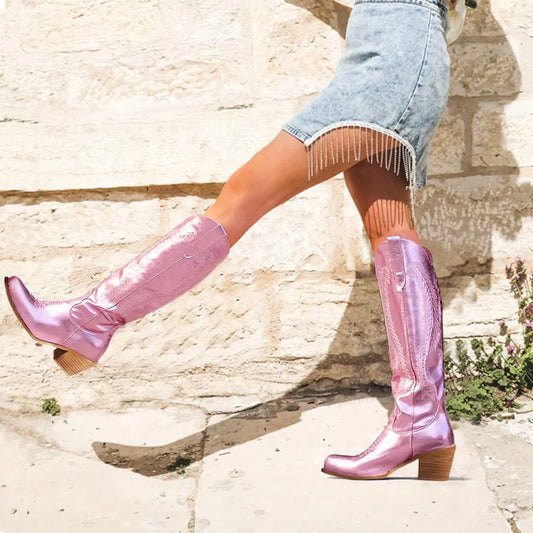 Bottes métallisées rose vif pour femme, chaussures d'hiver 2023, bottes hautes brodées à la mode, bottes de cowboy pour dames, SC4840