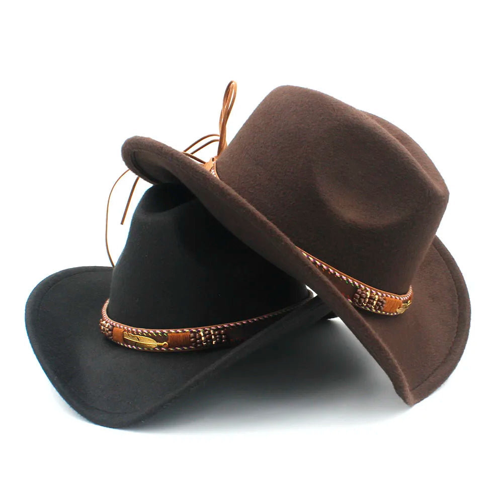 Chapeau de cowboy western en laine pour homme et femme, idéal pour l'hiver, l'automne, le jazz, la cowgirl, le sombrero, 2 grandes tailles
