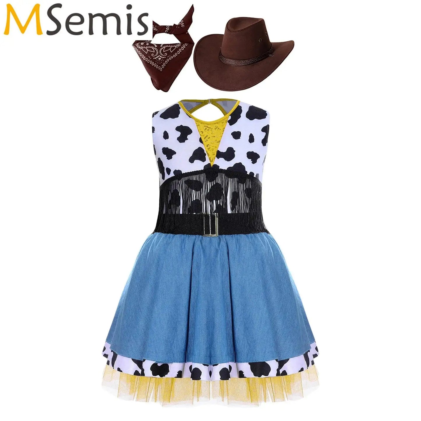 Costume de cow-girl western pour fille, 3 pièces, robe tutu à franges avec bandana et chapeau de cowboy