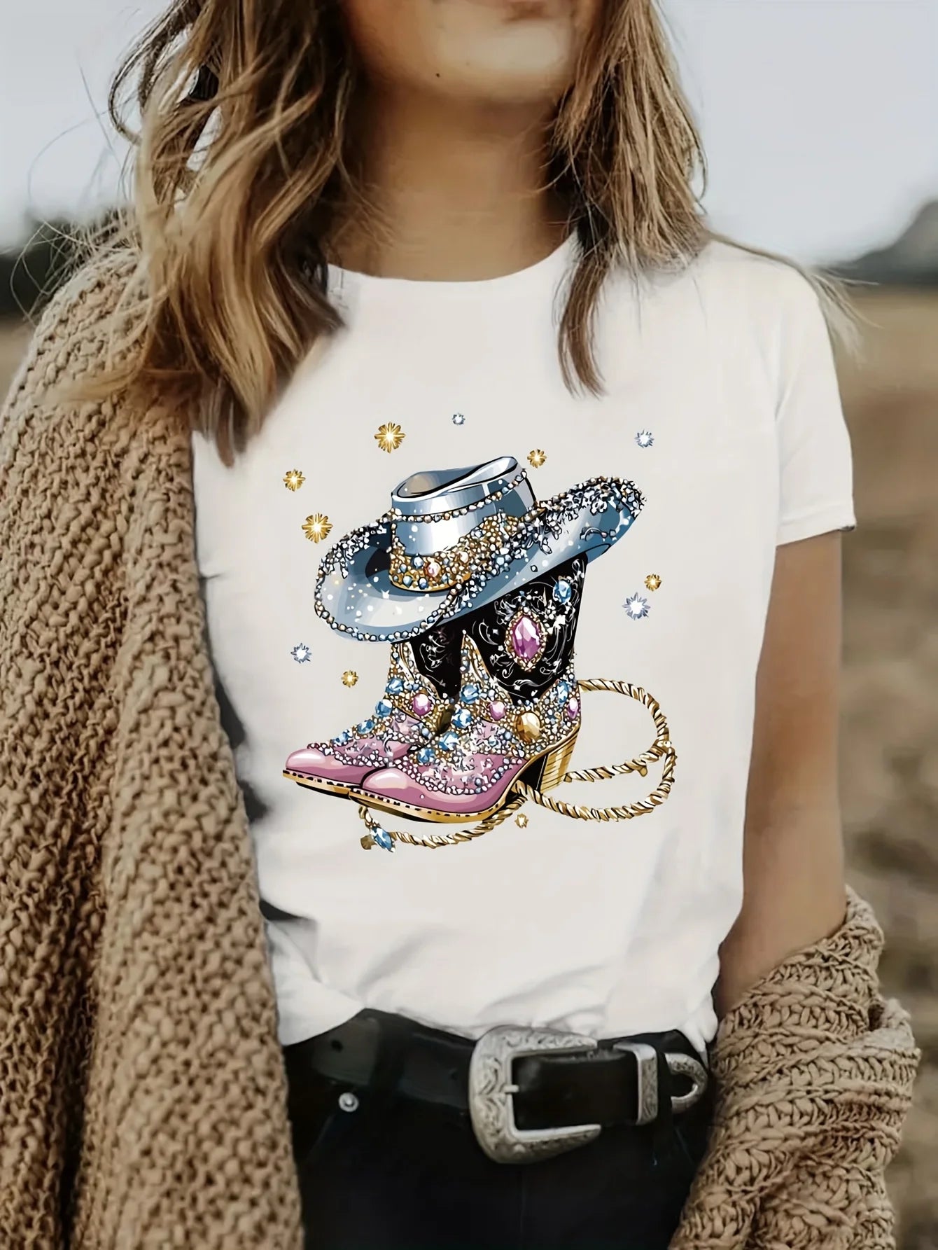 T-shirt imprimé à manches courtes de la série Western Cowboy, tendance et décontracté, polyvalent, longueur standard pour toutes les saisons