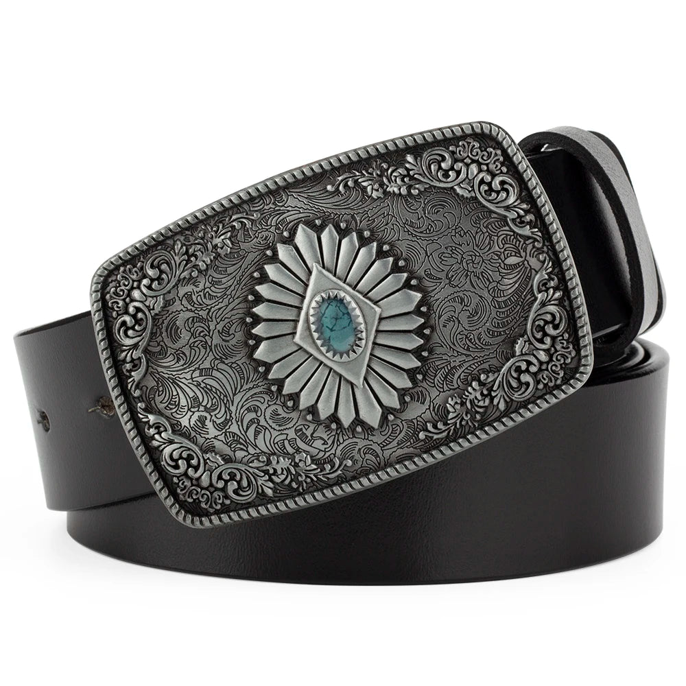 Ceinture classique en cuir véritable avec boucle en émail saphir et motif floral sculpté en argent pour femmes et hommes, cadeau