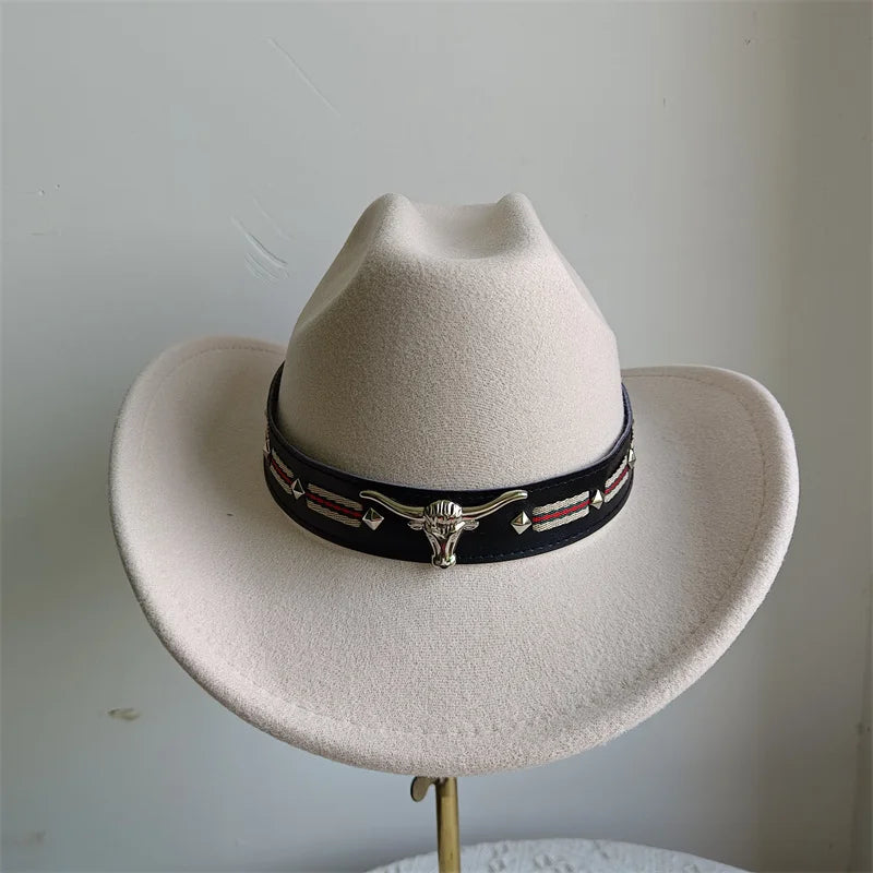Chapeau de cowboy de style ethnique, tendance, chic, unisexe, couleur unie, avec décoration en forme de taureau, style western