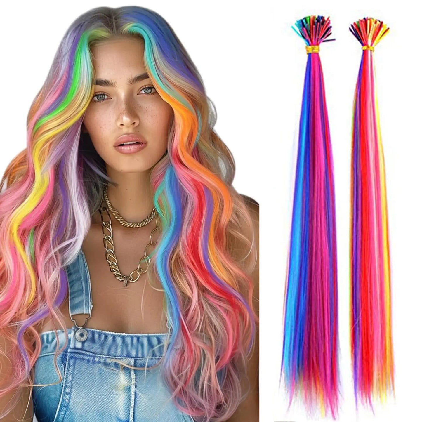 Kit d'extensions de cheveux synthétiques arc-en-ciel de 50 cm, 10 pièces, extensions colorées à pointes en I avec micro-perles et aiguille à crochet pour femmes et enfants, cosplay