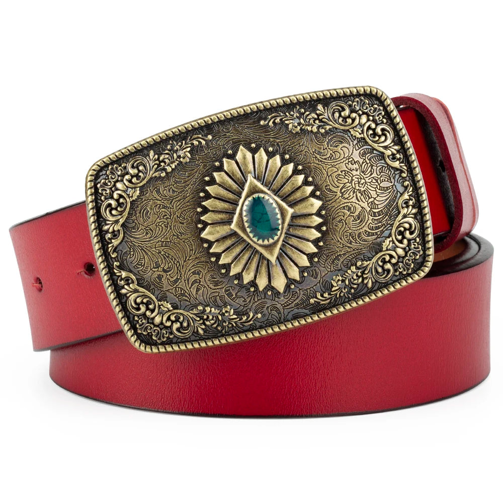 Ceinture classique en cuir véritable avec boucle en émail saphir et motif floral sculpté en argent pour femmes et hommes, cadeau