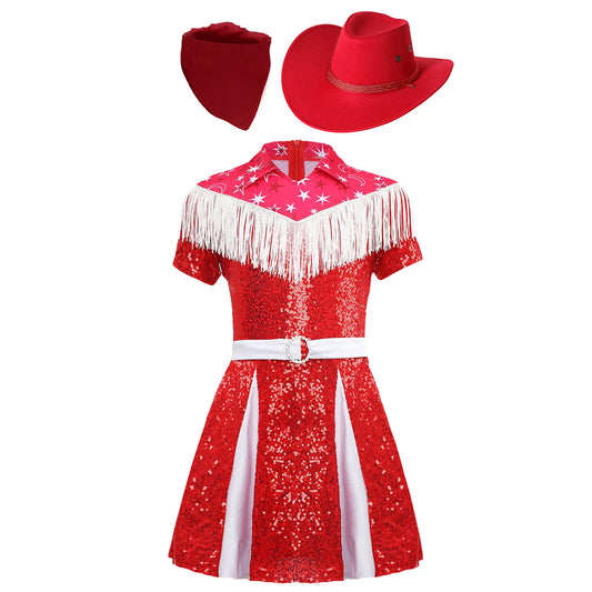 Costume de cow-girl western 3 piĂšces pour fille, robe plissĂ©e Ă  paillettes avec chapeau de cowboy et bandana, pour NoĂ«l, Halloween, fĂȘte