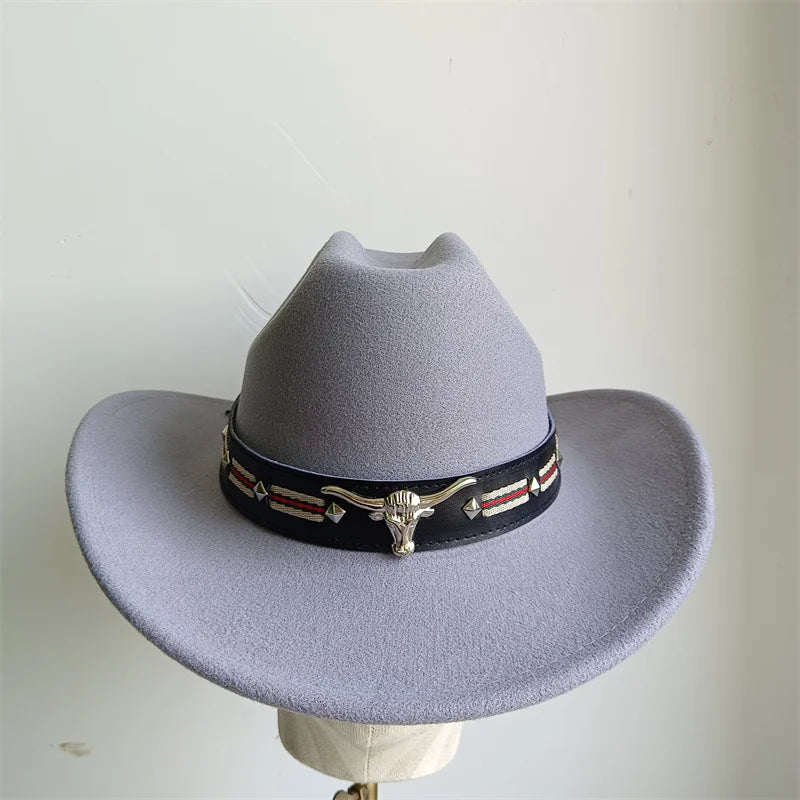 Chapeau de cowboy de style ethnique, tendance, chic, unisexe, couleur unie, avec décoration en forme de taureau, style western