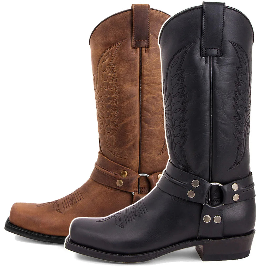 Bottes de cowboy western noires et marron en similicuir pour homme, chaussures d'hiver rétro brodées, mi-mollet, taille 48, nouvelle collection 2023