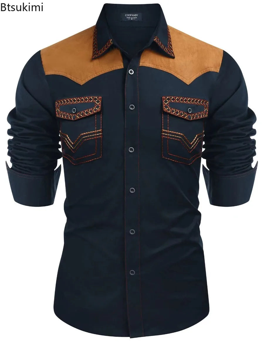 Chemise style cowboy western pour homme, printemps-automne 2025, manches longues, revers, vĂȘtements dĂ©contractĂ©s et tendance