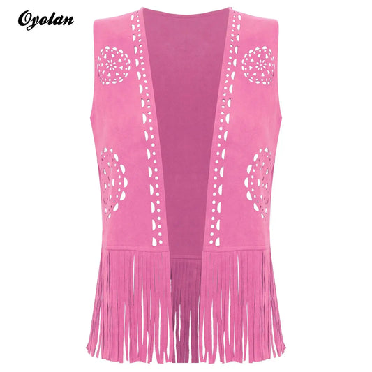 Débardeur vintage à franges style cowgirl hippie style années 70 pour femme, style disco, style années 70, ajouré, pompon, gilet en faux daim