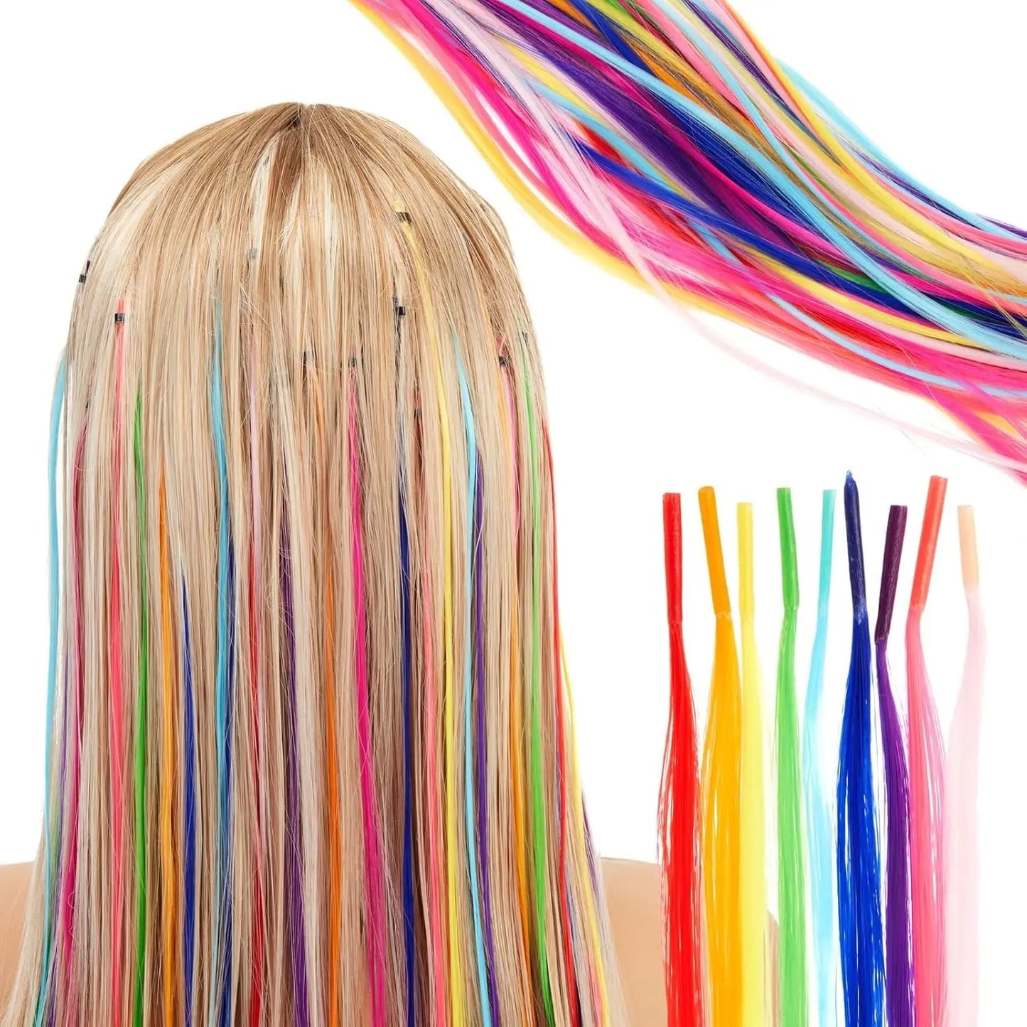 Kit d'extensions de cheveux synthétiques arc-en-ciel de 50 cm, 10 pièces, extensions colorées à pointes en I avec micro-perles et aiguille à crochet pour femmes et enfants, cosplay