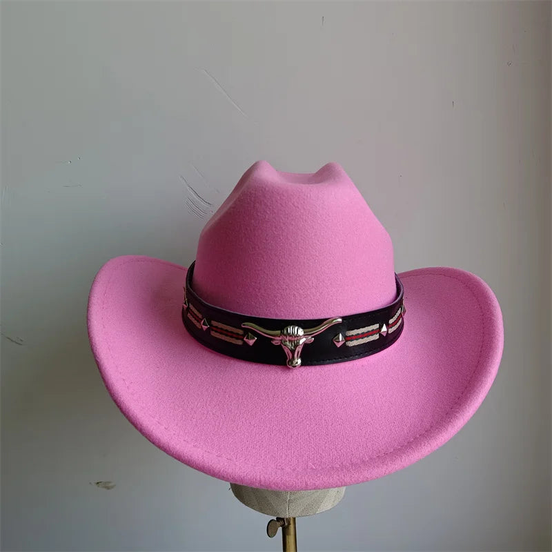 Chapeau de cowboy de style ethnique, tendance, chic, unisexe, couleur unie, avec décoration en forme de taureau, style western