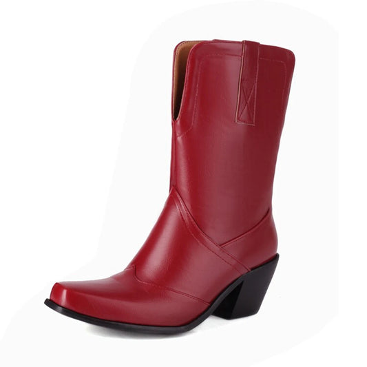 Bottes de cowboy western rétro noires mi-mollet pour femmes, talons hauts épais, chaussures gothiques, grandes tailles 34-48 777-11