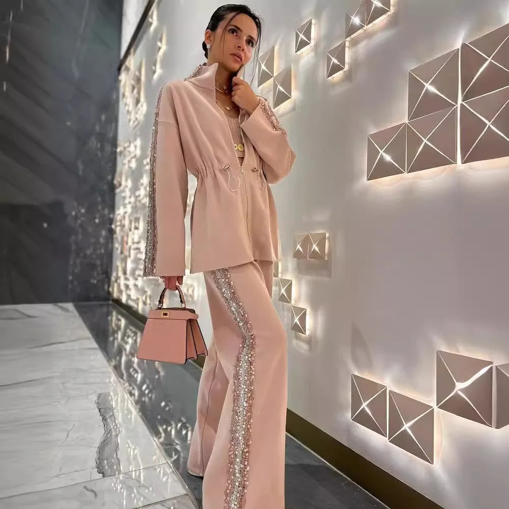 Ensemble deux pièces pour femme, mode automne-hiver, patchwork, paillettes, manches longues contrastées, fermeture éclair, manteau, pantalon large décontracté