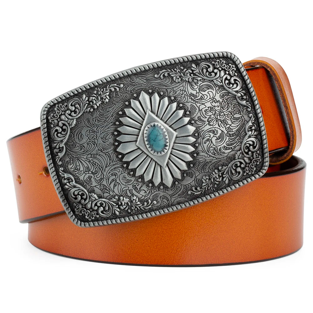 Ceinture classique en cuir véritable avec boucle en émail saphir et motif floral sculpté en argent pour femmes et hommes, cadeau