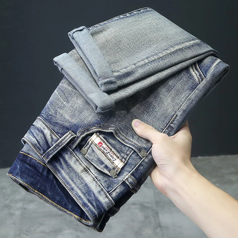 Jean rétro pour homme, slim, élastique, fermeture éclair, pantalon crayon skinny, style Harajuku, hip-hop, rock, moto, streetwear