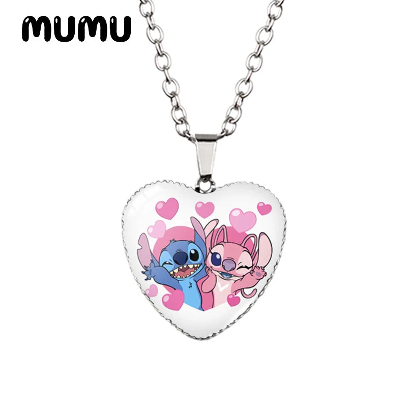 Collier Lilo Stitchou Angle Heart en verre imprimé avec pendentif photo, bijoux faits à la main, cadeaux pour enfants, nouveauté 2024