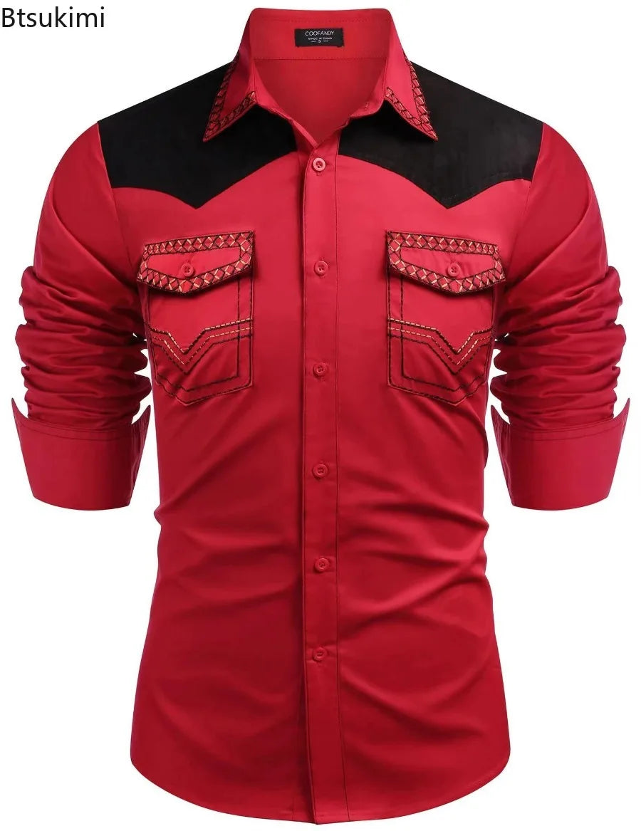 Chemise style cowboy western pour homme, printemps-automne 2025, manches longues, revers, vĂȘtements dĂ©contractĂ©s et tendance