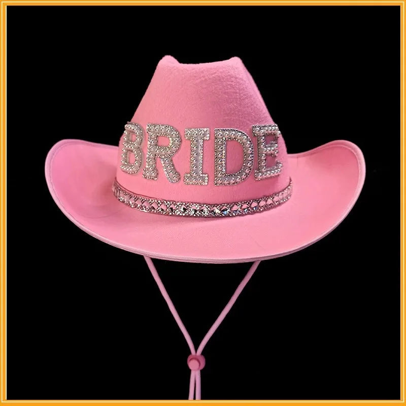 Bride White Cowboy Veil Hat Pearl Rhinestone Wedding Cowgirl Hat Bach Bachelorette Hen Party Bridal Shower Decoration Gift