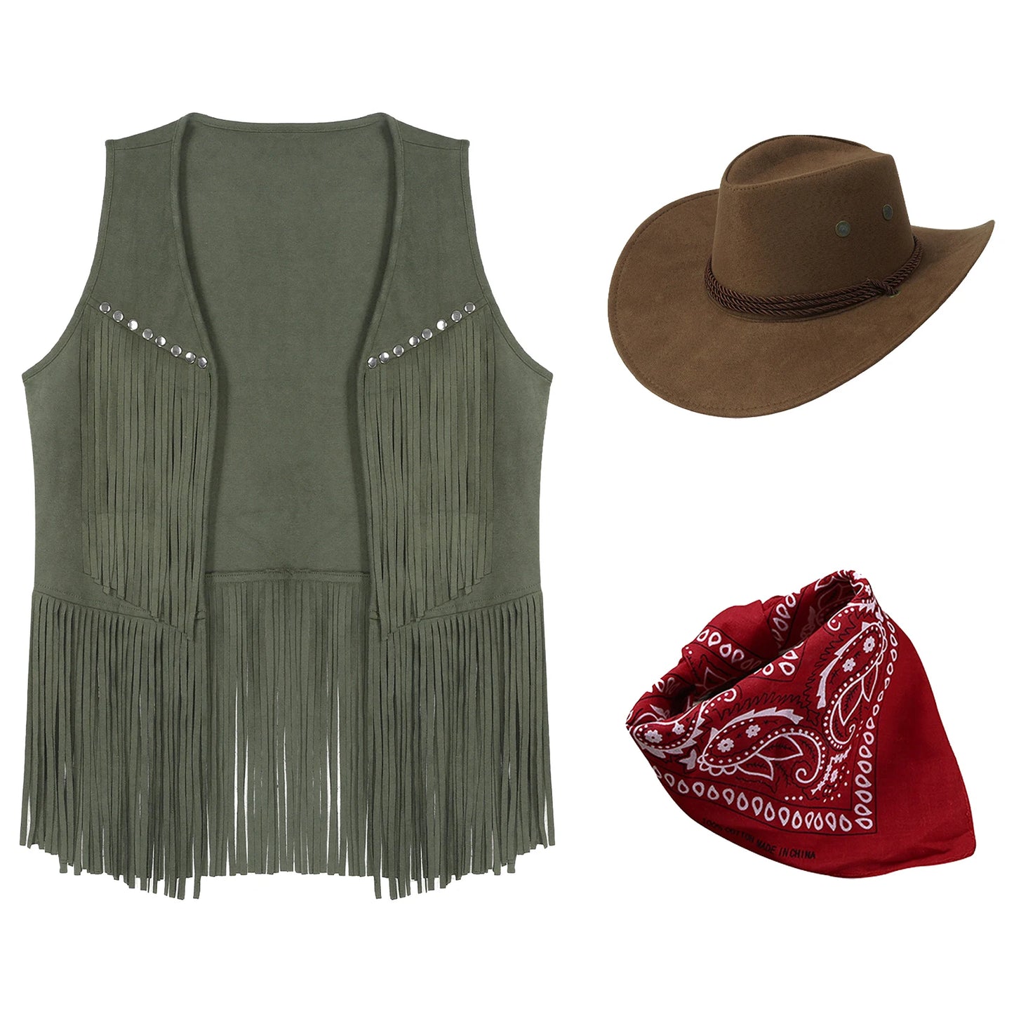 Gilet de cowboy pour femme, costume de cosplay, en faux daim, avec pompons et rivets, pour Halloween, avec bandana