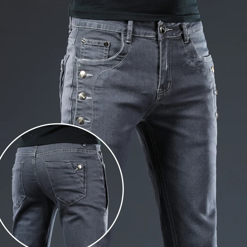 Jean slim slim pour homme, nouveau design élastique coréen, mode multi-boutons, bleu, blanc, délavé vintage, coton extensible, pantalon en denim