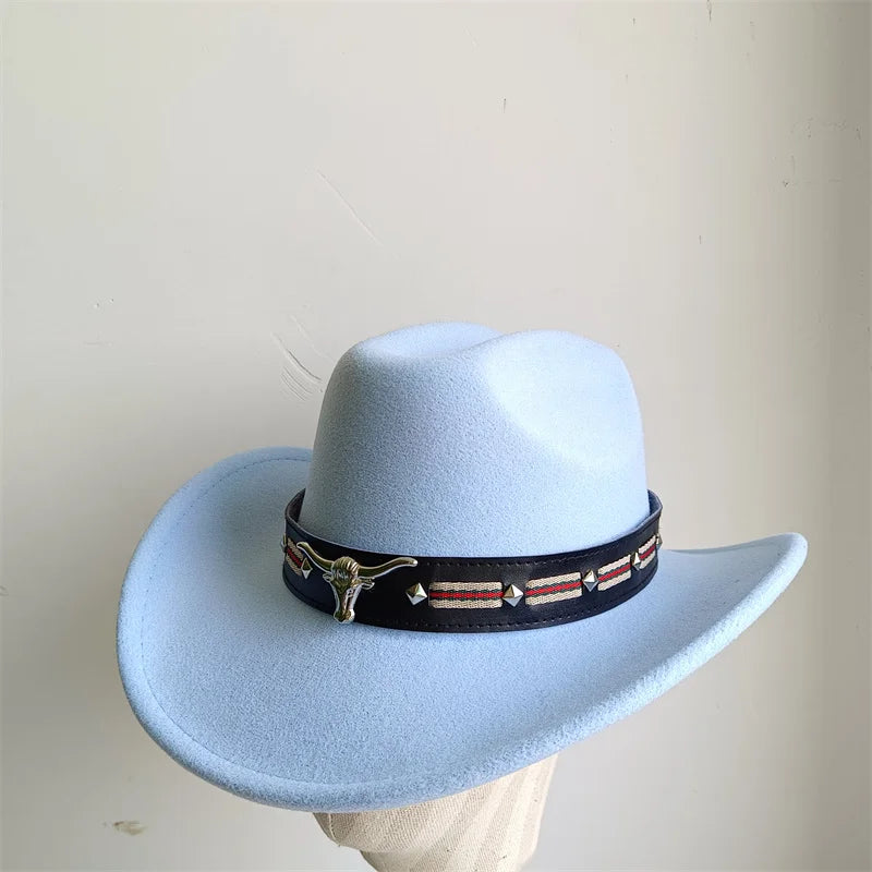 Chapeau de cowboy de style ethnique, tendance, chic, unisexe, couleur unie, avec décoration en forme de taureau, style western