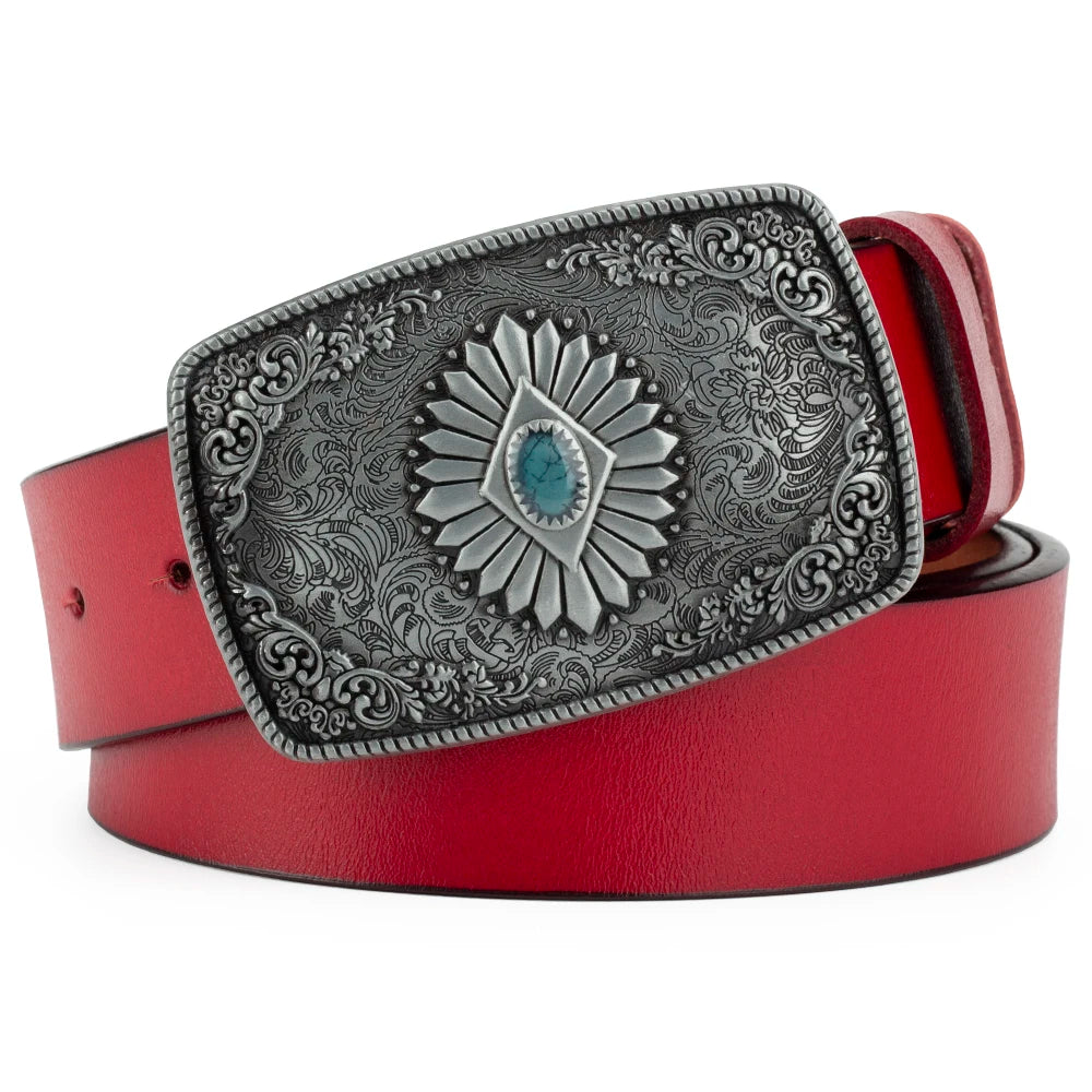 Ceinture classique en cuir véritable avec boucle en émail saphir et motif floral sculpté en argent pour femmes et hommes, cadeau