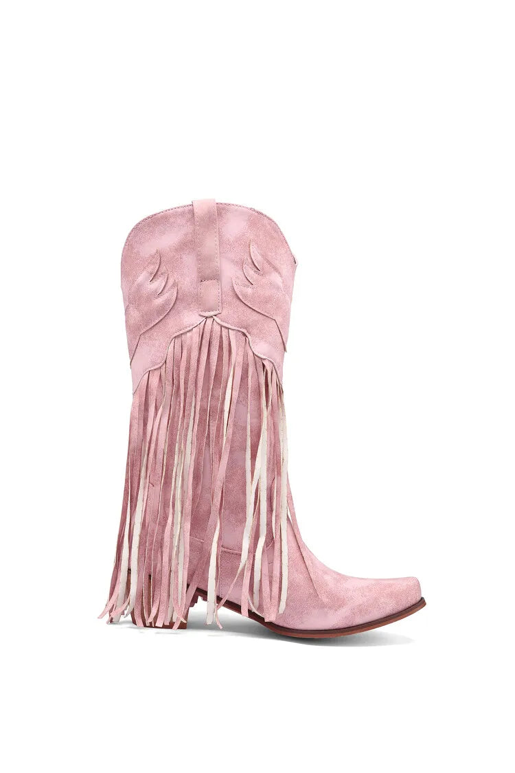 Nouvelles bottes de cowboy rétro ethniques pour femmes avec pompon à talon moyen, chaussures d'hiver pour femmes