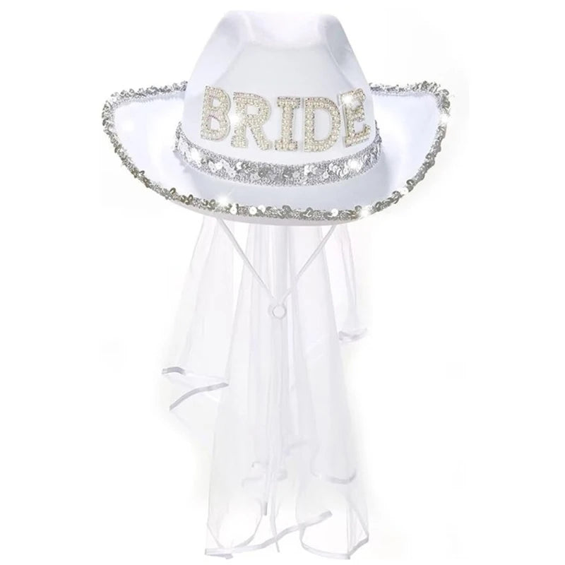 Chapeau de mariée amusant de cow-boy avec voile en maille et strass, chapeau à large bord pour enterrement de vie de jeune fille, accessoires de fête de mariage