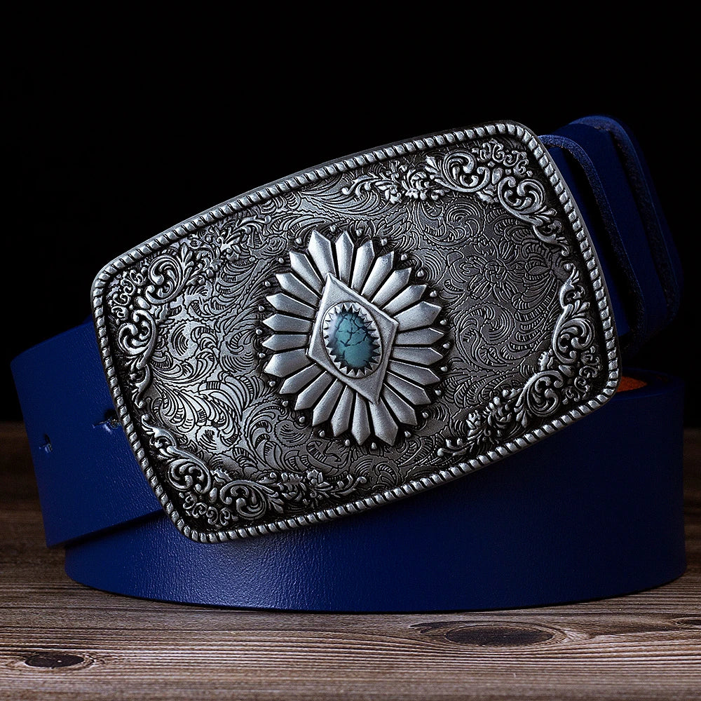 Ceinture classique en cuir véritable avec boucle en émail saphir et motif floral sculpté en argent pour femmes et hommes, cadeau