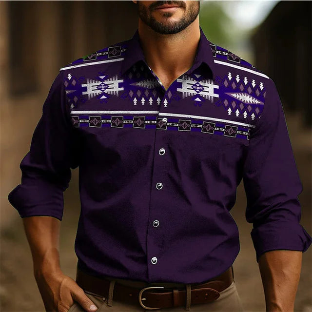 Chemise à manches longues style occidental pour homme, coupe ajustée, décontractée, confortable, simple, tenue sociale, style national rétro, style tribal
