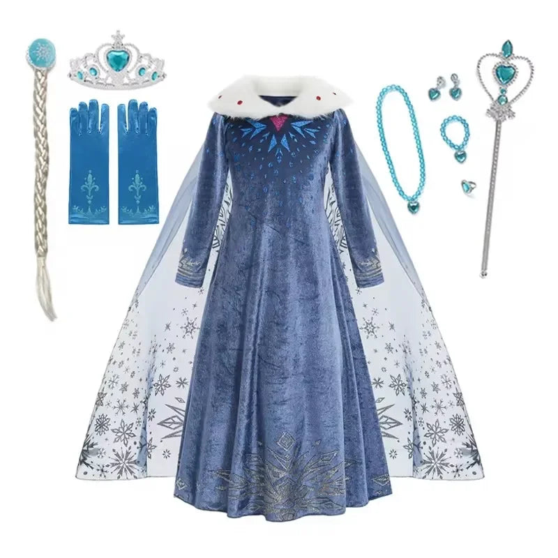 Déguisement pour fille, robe à manches longues, tenue de cosplay, princesse des neiges, tenue d'Halloween, de fête d'anniversaire