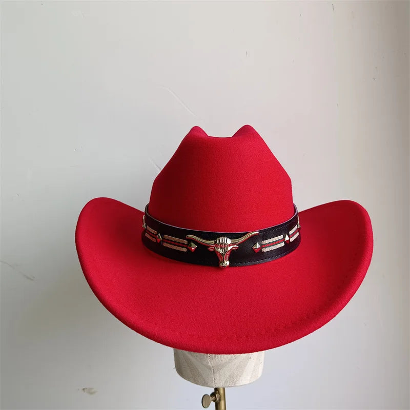 Chapeau de cowboy de style ethnique, tendance, chic, unisexe, couleur unie, avec décoration en forme de taureau, style western