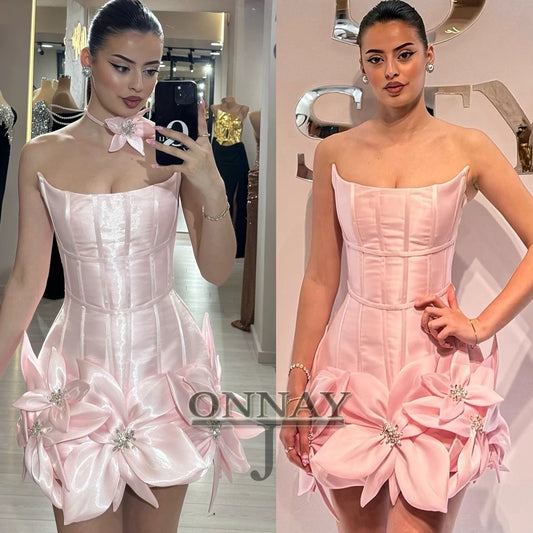 Robe de cocktail courte en satin rose à fleurs, sur mesure, pour occasions spéciales, en perles, style arabe saoudien