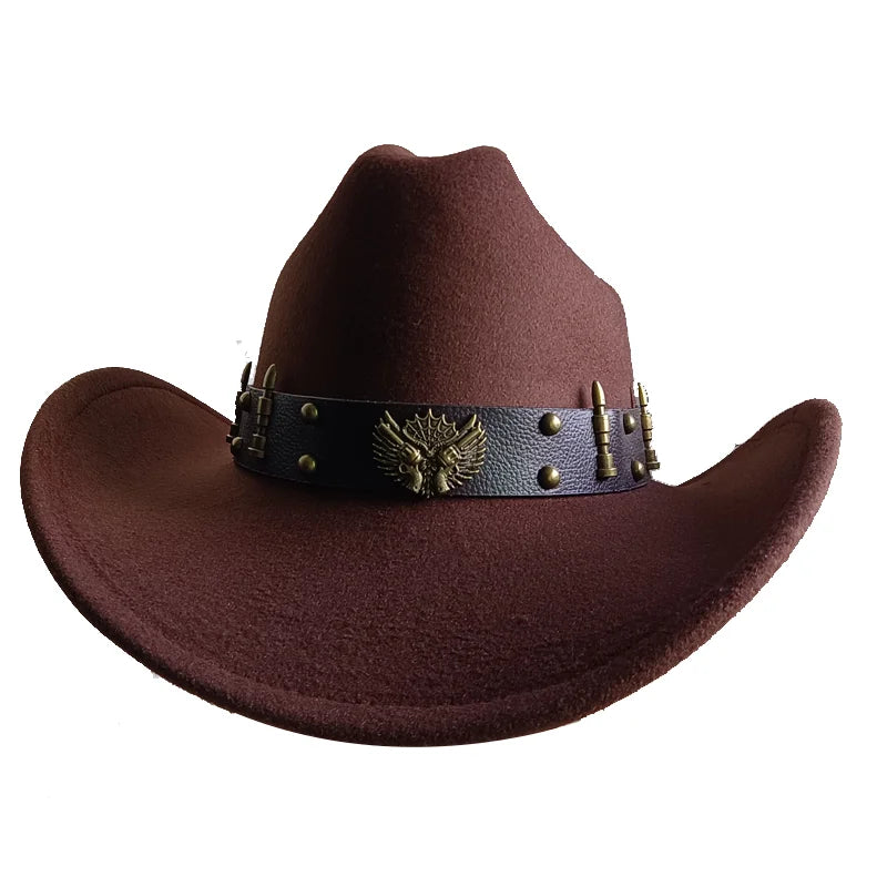 Chapeau de cowboy de style ethnique, tendance, chic, unisexe, couleur unie, avec décoration en forme de taureau, style western