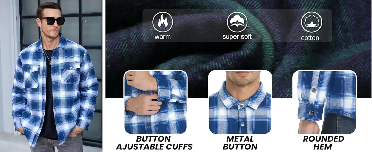 TACVASEN Veste d'hiver en coton Ă  carreaux pour homme, manches longues, matelassĂ©e, doublĂ©e, en flanelle, multi-poches, vĂȘtements d'extĂ©rieur, manteaux de randonnĂ©e