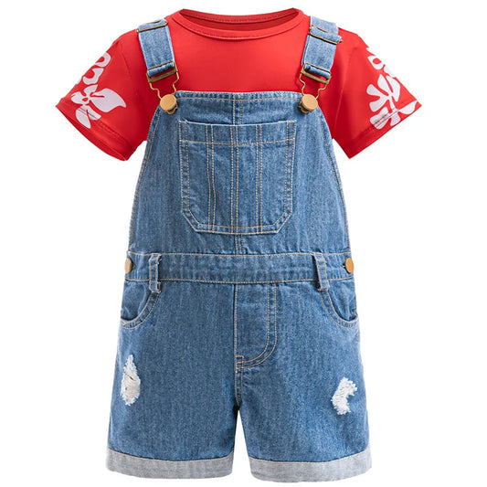 Costume Lilo pour enfant, Halloween, Cosplay, salopette en jean et chemise à imprimé feuilles rouges, ensemble de 2 pièces, costume de carnaval pour fille