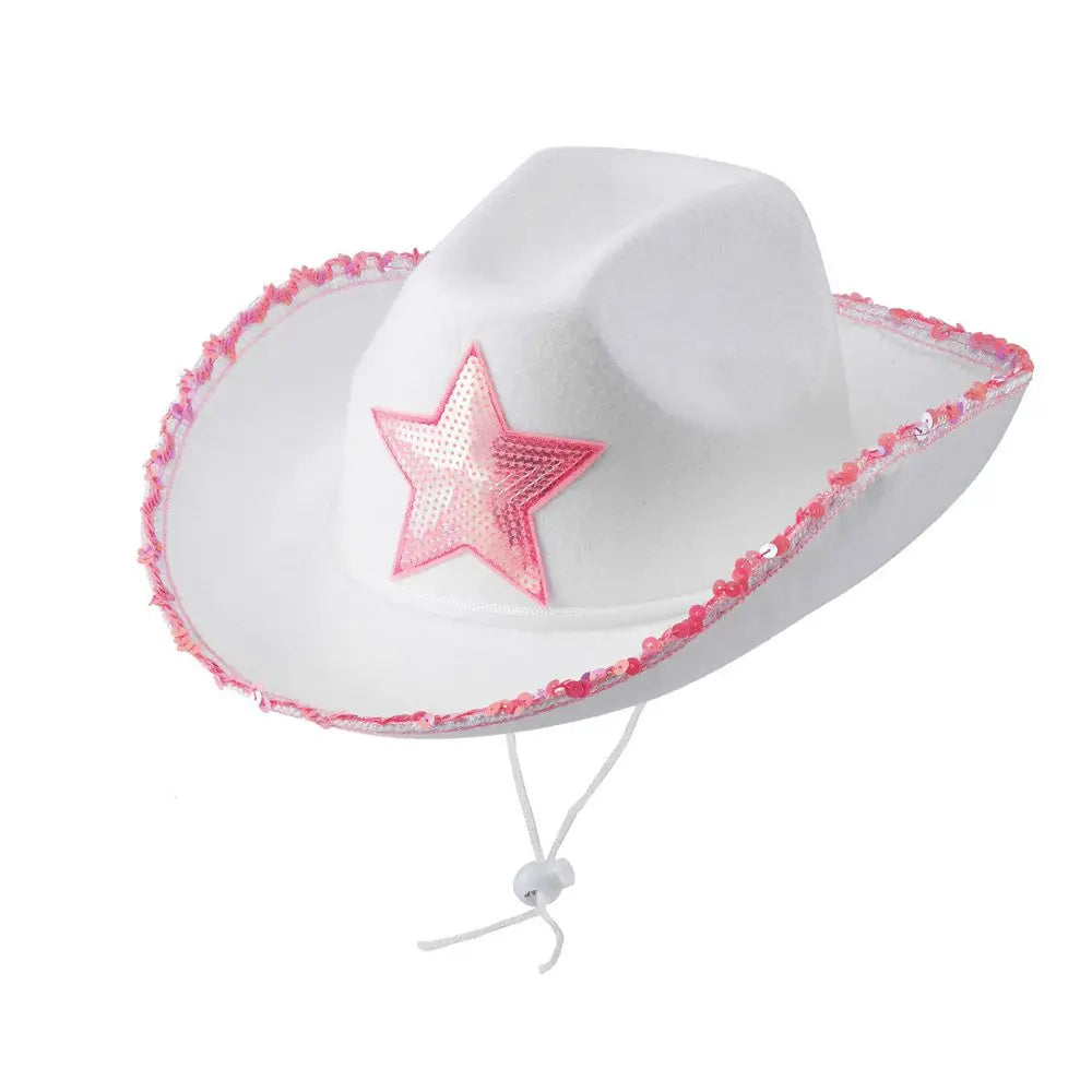 Chapeau de cow-girl blanc, chapeau de cow-girl étoile rose avec bordure à paillettes, frange, cou réglable, cordon de serrage, chapeau de cowboy adulte pour fête costumée