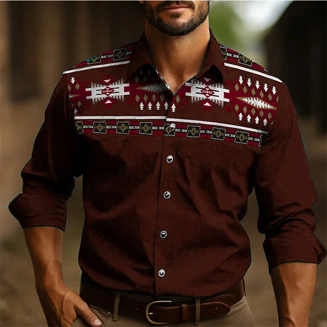 Chemise à manches longues style occidental pour homme, coupe ajustée, décontractée, confortable, simple, tenue sociale, style national rétro, style tribal
