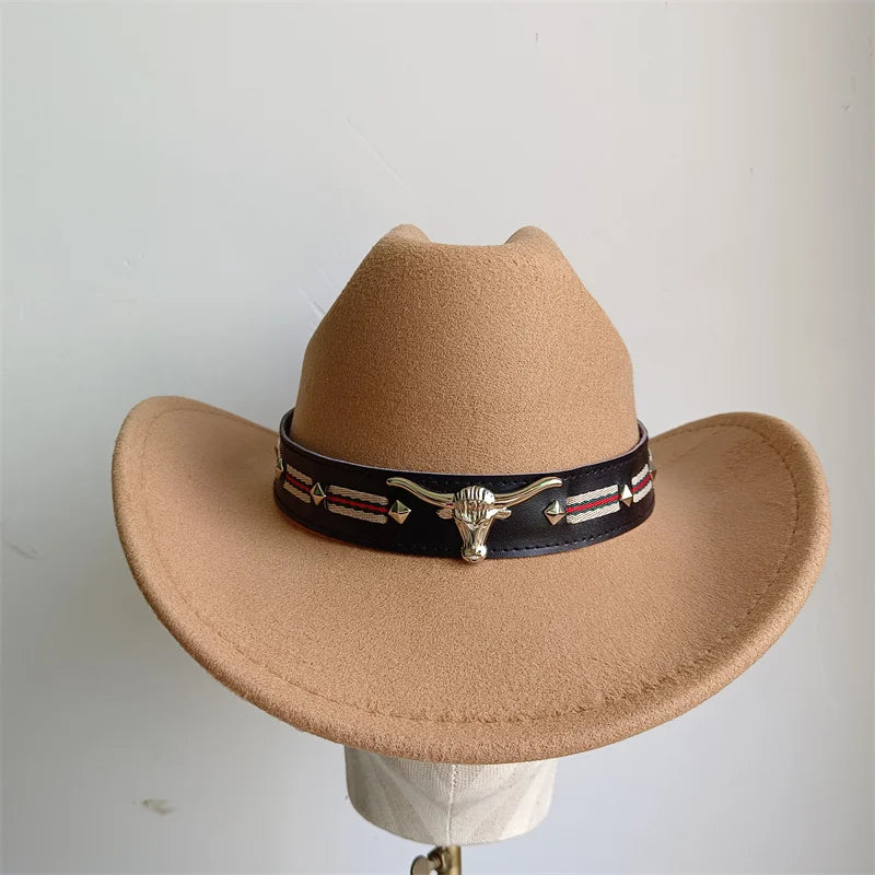Chapeau de cowboy de style ethnique, tendance, chic, unisexe, couleur unie, avec décoration en forme de taureau, style western
