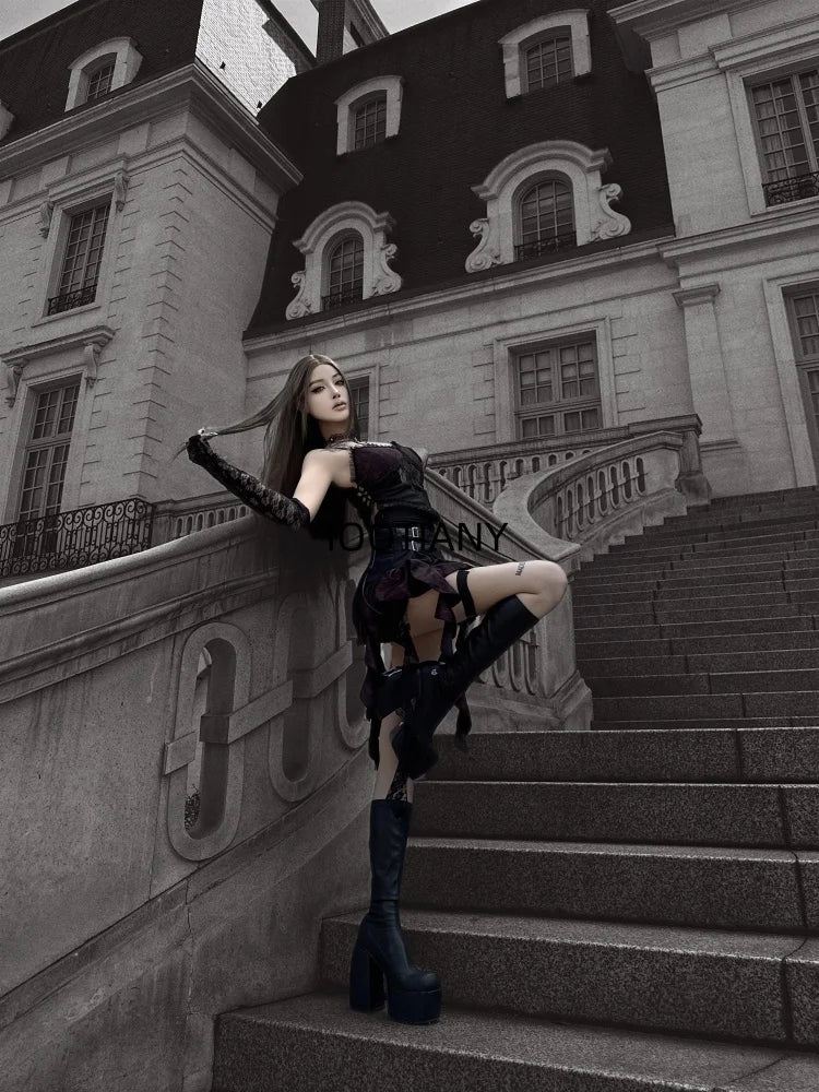 Déguisement de danse sexy pour fille, haut à bretelles croisées noires, jupe irrégulière, ourlet, costume de sœur, nouveauté 2025
