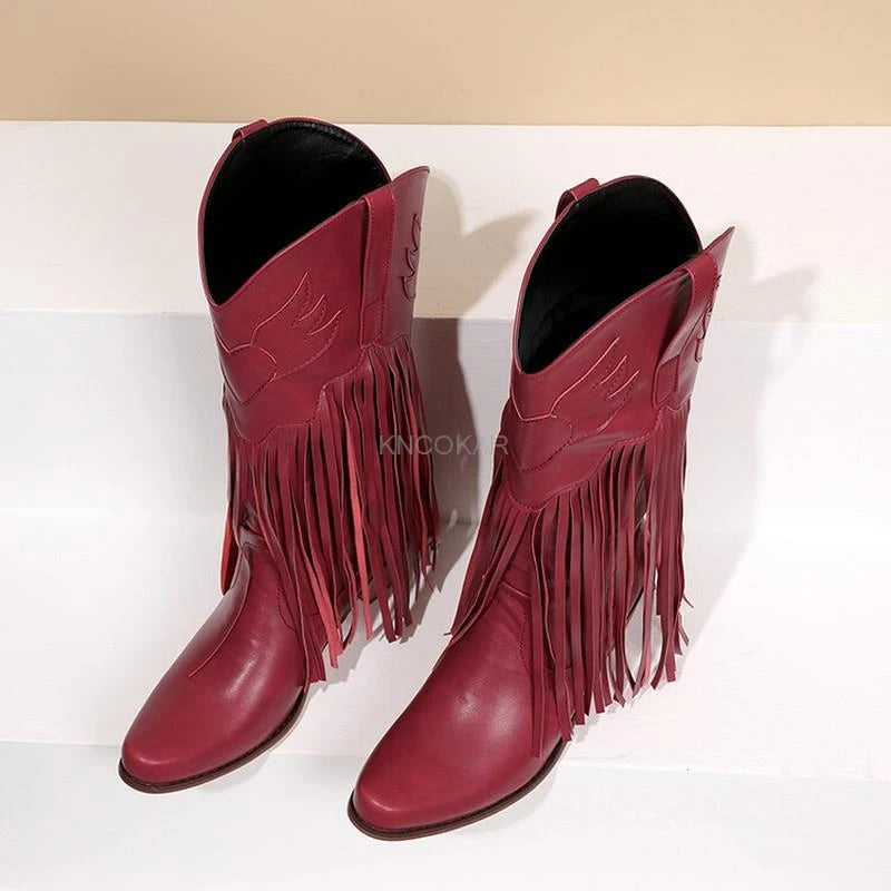 Nouvelles bottes de cowboy rétro ethniques pour femmes avec pompon à talon moyen, chaussures d'hiver pour femmes