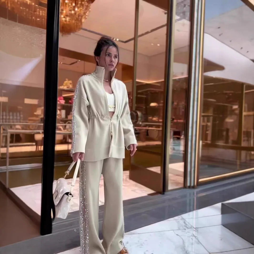 Ensemble deux pièces pour femme, mode automne-hiver, patchwork, paillettes, manches longues contrastées, fermeture éclair, manteau, pantalon large décontracté