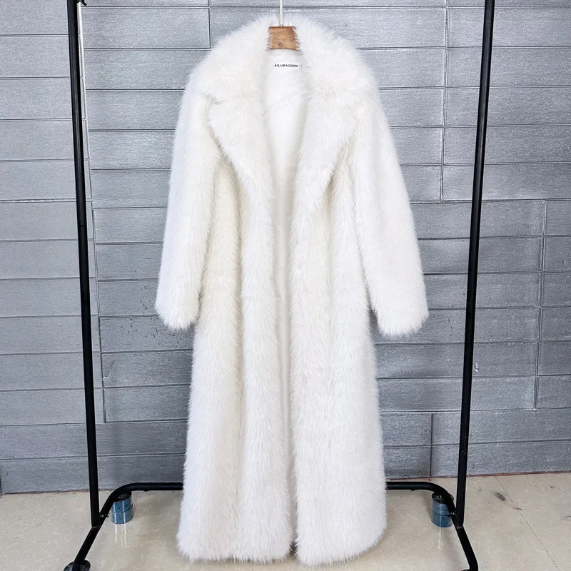 Manteau long en fausse fourrure pour femme, automne-hiver, grande veste, pardessus blanc, col rabattu, poches, épais, chaud, maxi manteaux