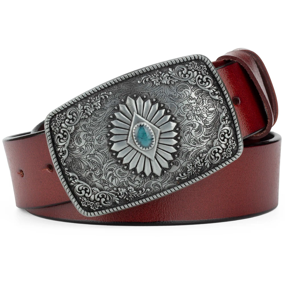 Ceinture classique en cuir véritable avec boucle en émail saphir et motif floral sculpté en argent pour femmes et hommes, cadeau