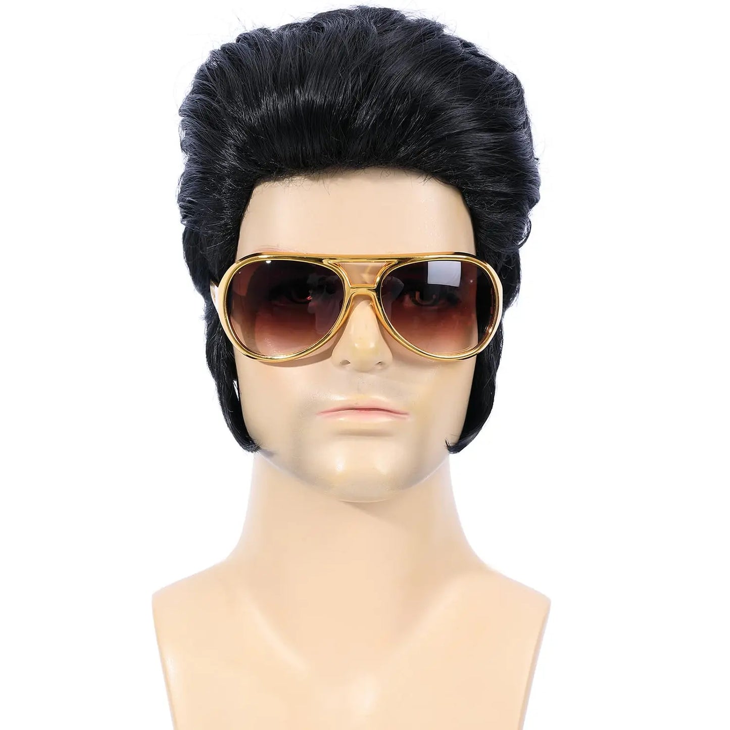 Perruque synthétique de légende du rock des années 50 et 60 pour homme, perruque Le King des années 1950, perruque de costume de chanteur rocker avec accessoires pour cosplay, fête d'Halloween