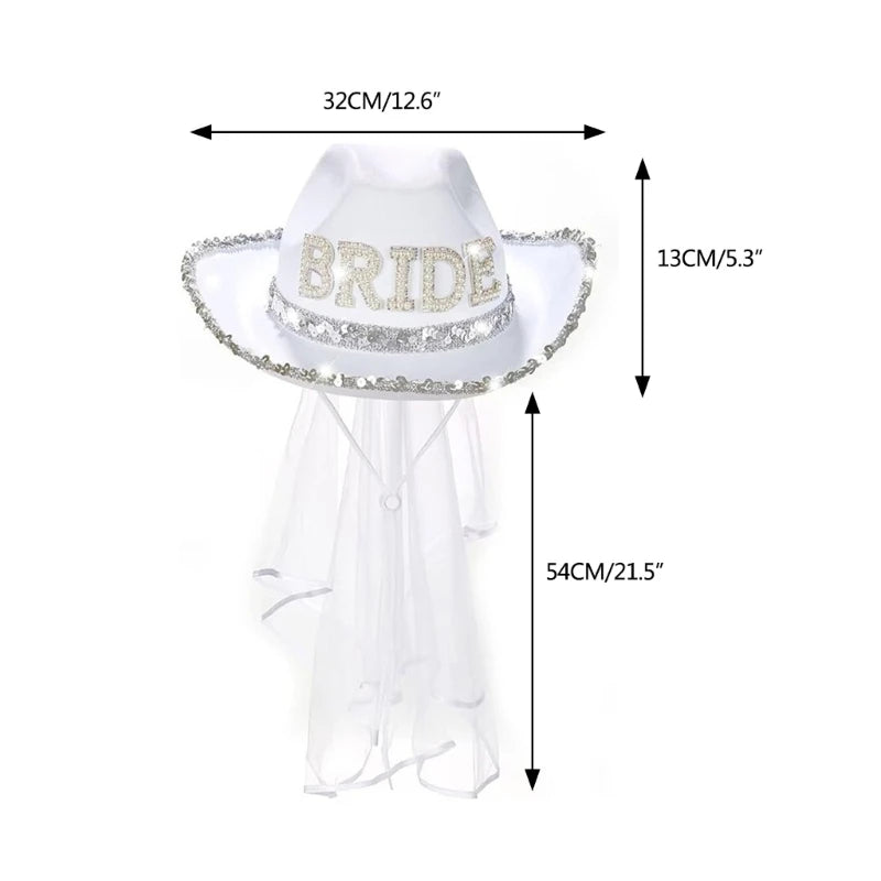 Chapeau de mariée amusant de cow-boy avec voile en maille et strass, chapeau à large bord pour enterrement de vie de jeune fille, accessoires de fête de mariage