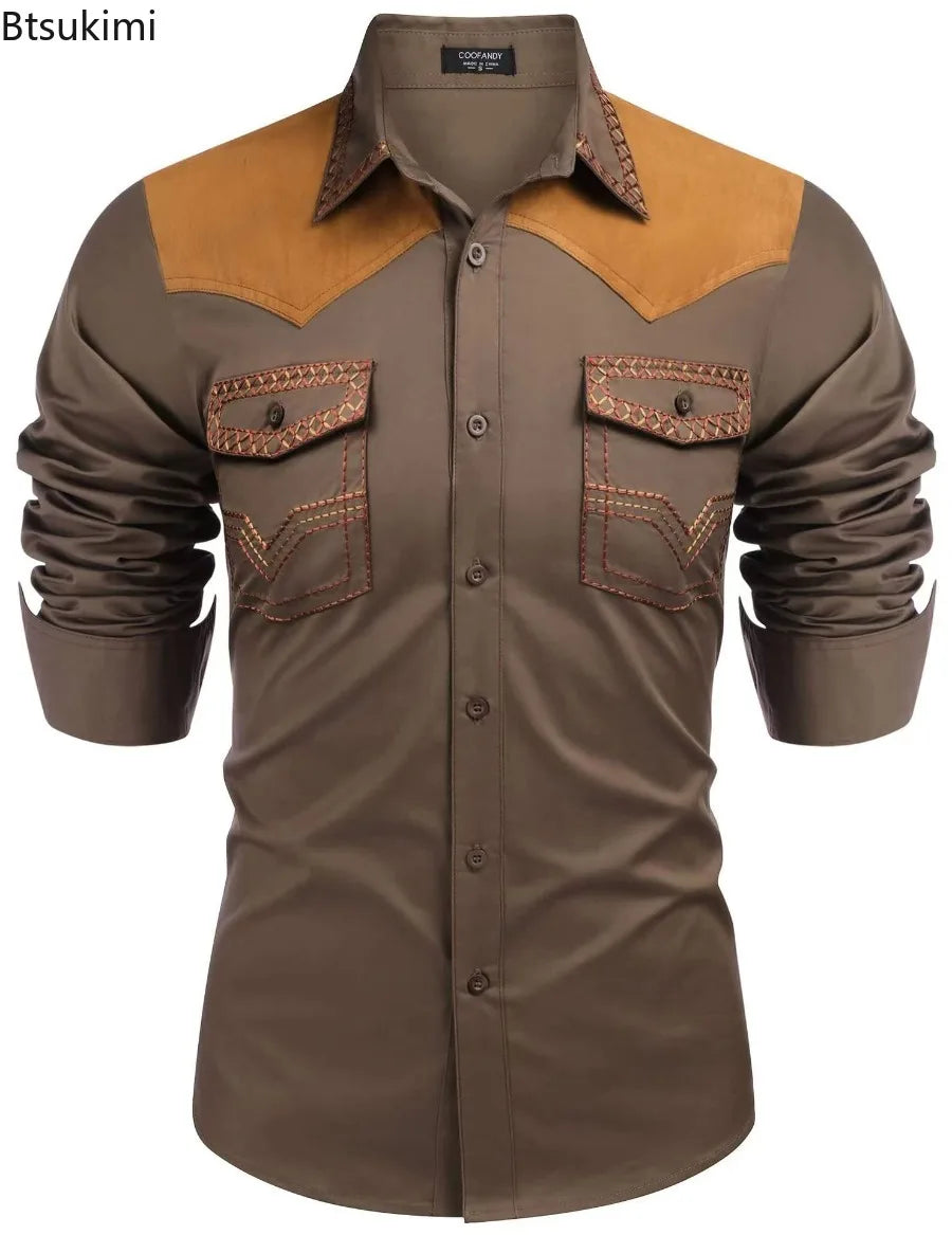 Chemise style cowboy western pour homme, printemps-automne 2025, manches longues, revers, vĂȘtements dĂ©contractĂ©s et tendance