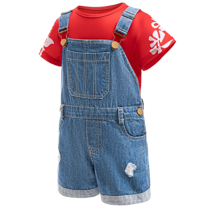 Costume Lilo pour enfant, Halloween, Cosplay, salopette en jean et chemise à imprimé feuilles rouges, ensemble de 2 pièces, costume de carnaval pour fille