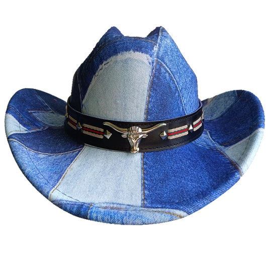 Chapeau de cowboy de style ethnique, tendance, chic, unisexe, couleur unie, avec décoration en forme de taureau, style western